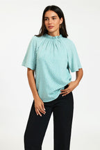 Dot Print Short Sleeve Frill High Neck Top In Blue