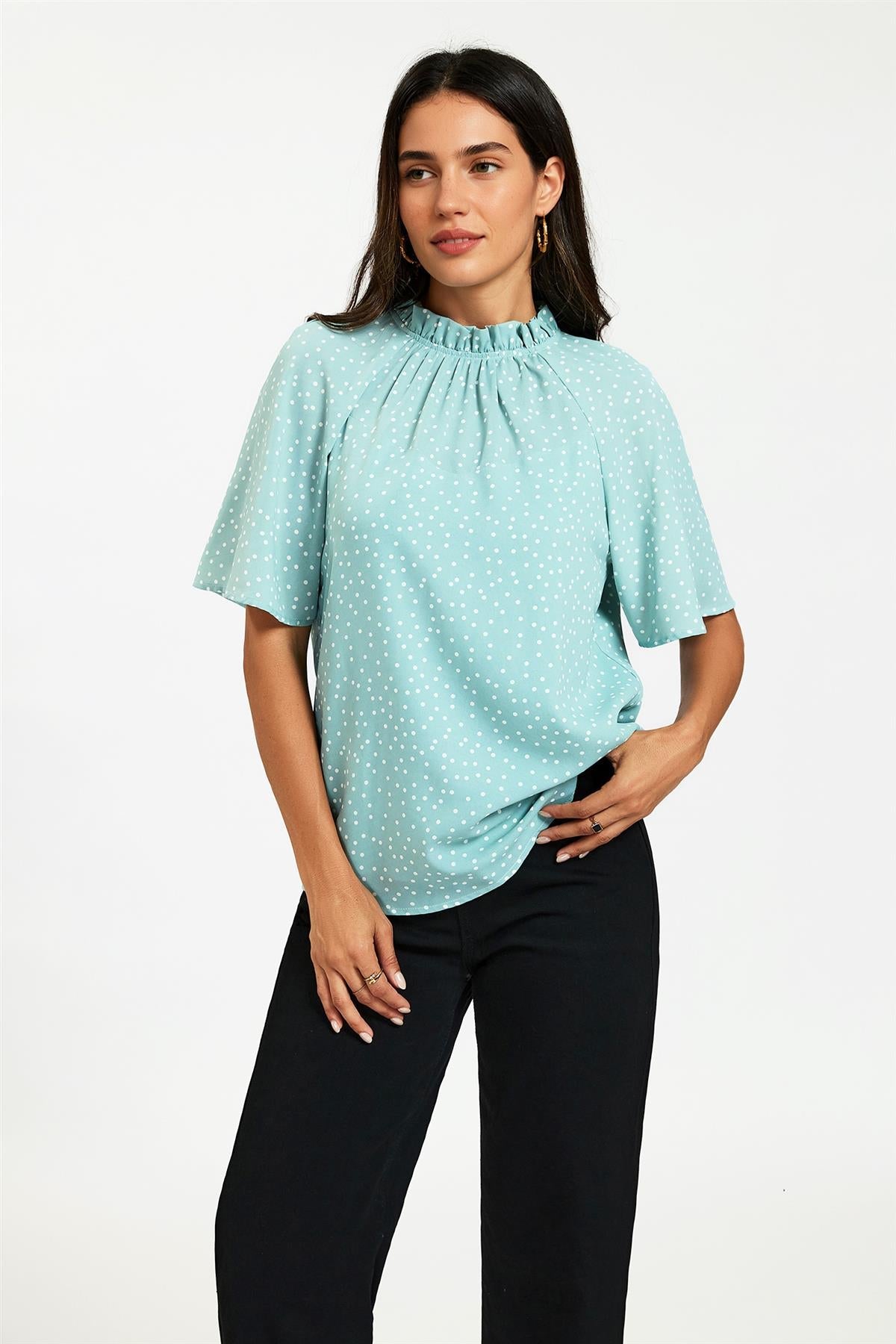 Dot Print Short Sleeve Frill High Neck Top In Blue