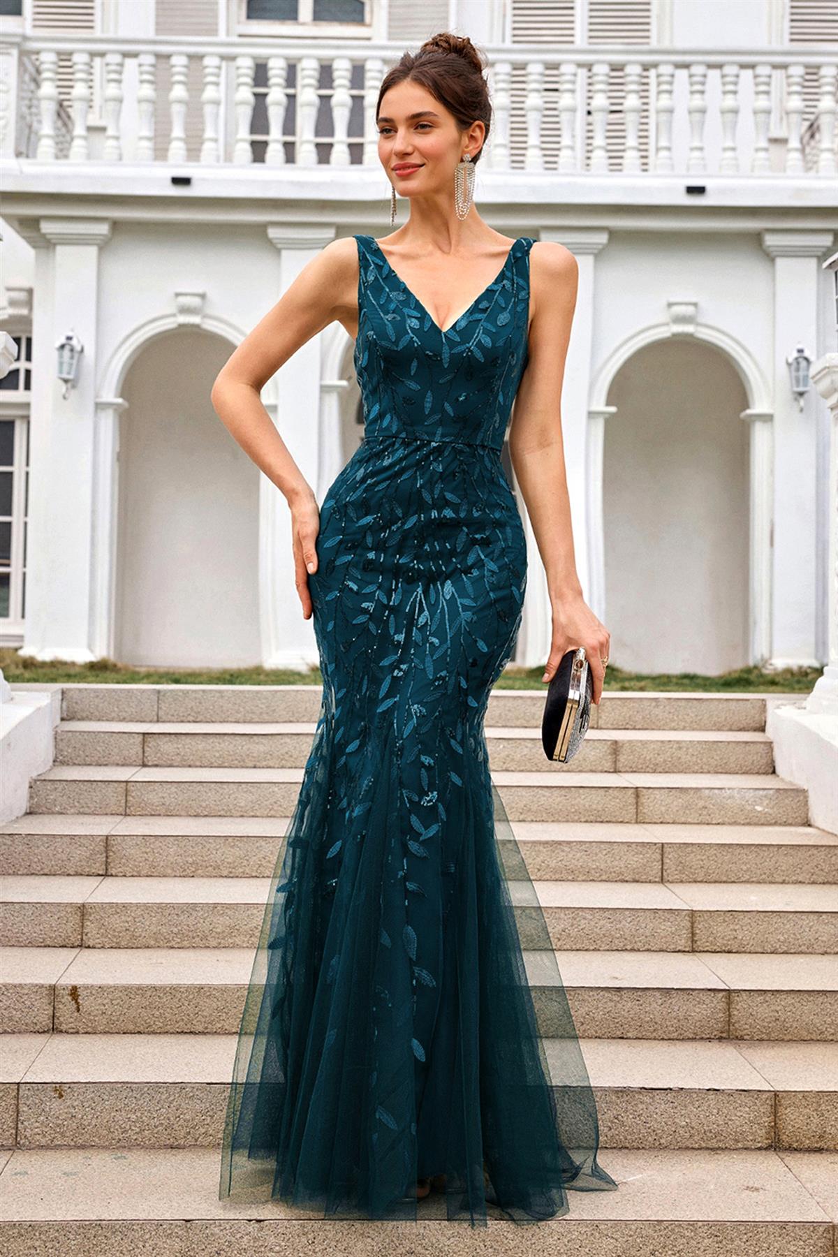 Sequin Leaf Detailed V Neck Bridesmaid Maxi Dress In Teal
