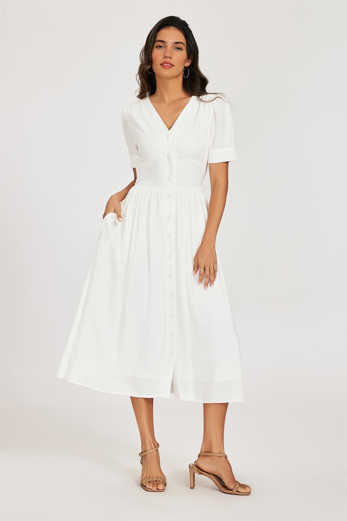 Button Front Short Sleeve Midi Dress In White