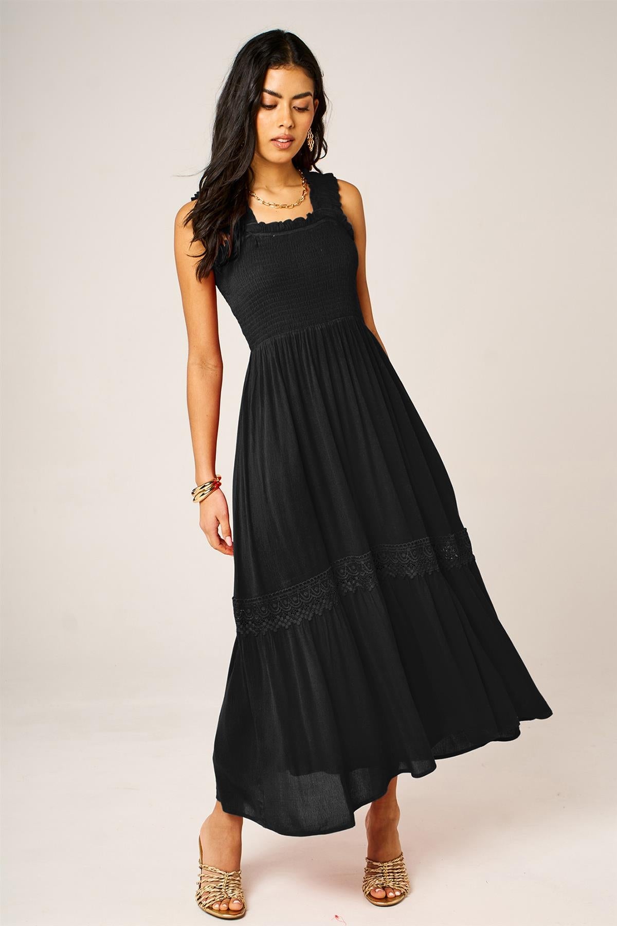 Lace Detail Tiered Maxi Dress In Black