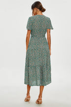 Orange Floral Print Hem Tiered Wrap Midi Dress In Green