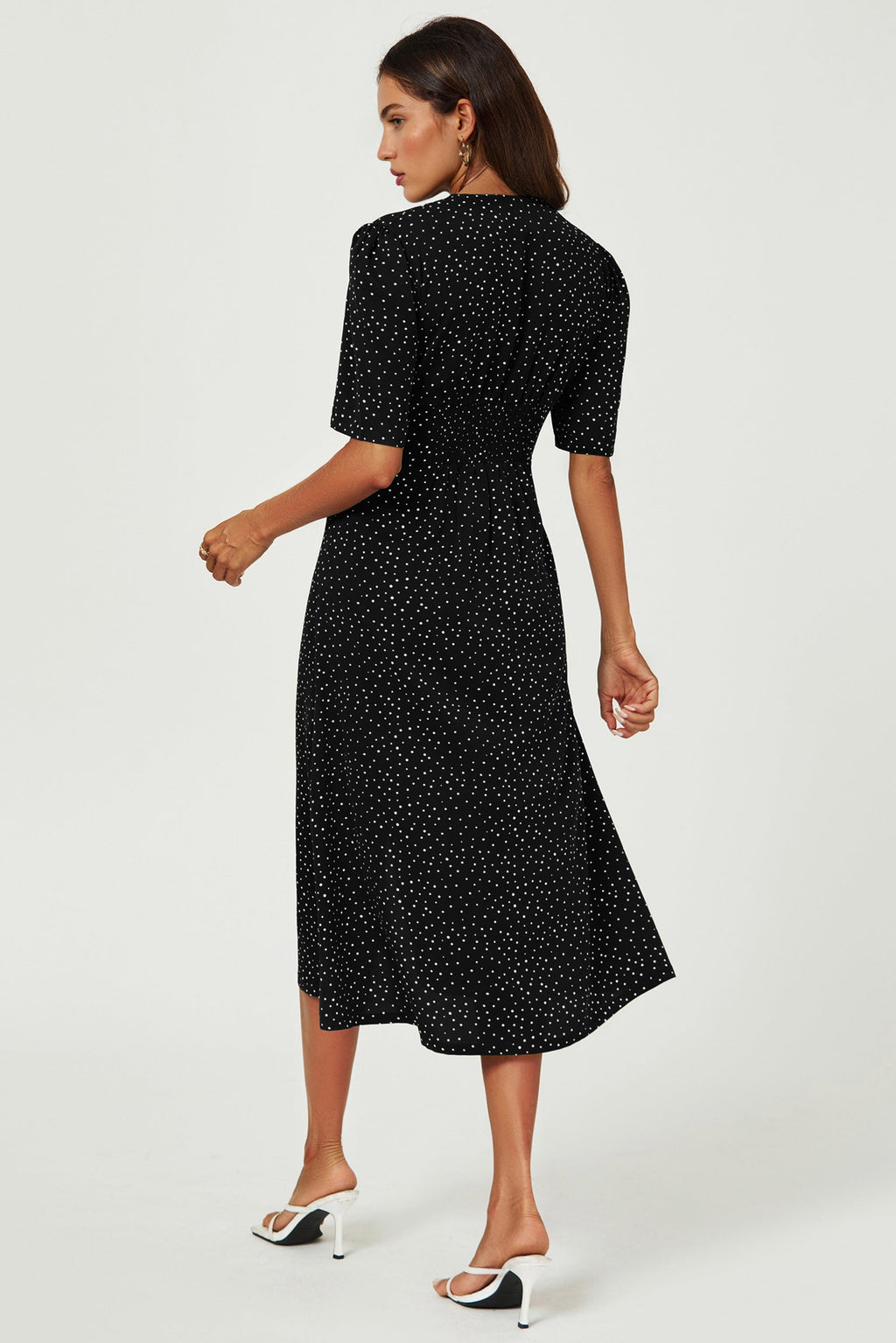 Dot Print Button Front Midi Dress In Black
