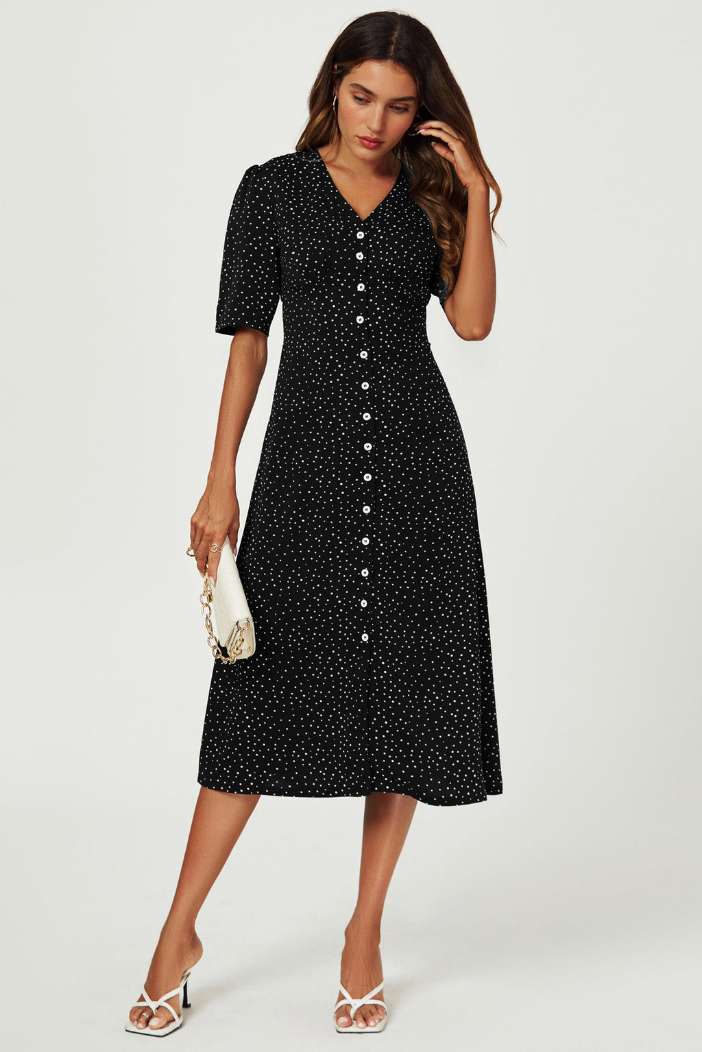 Dot Print Button Front Midi Dress In Black