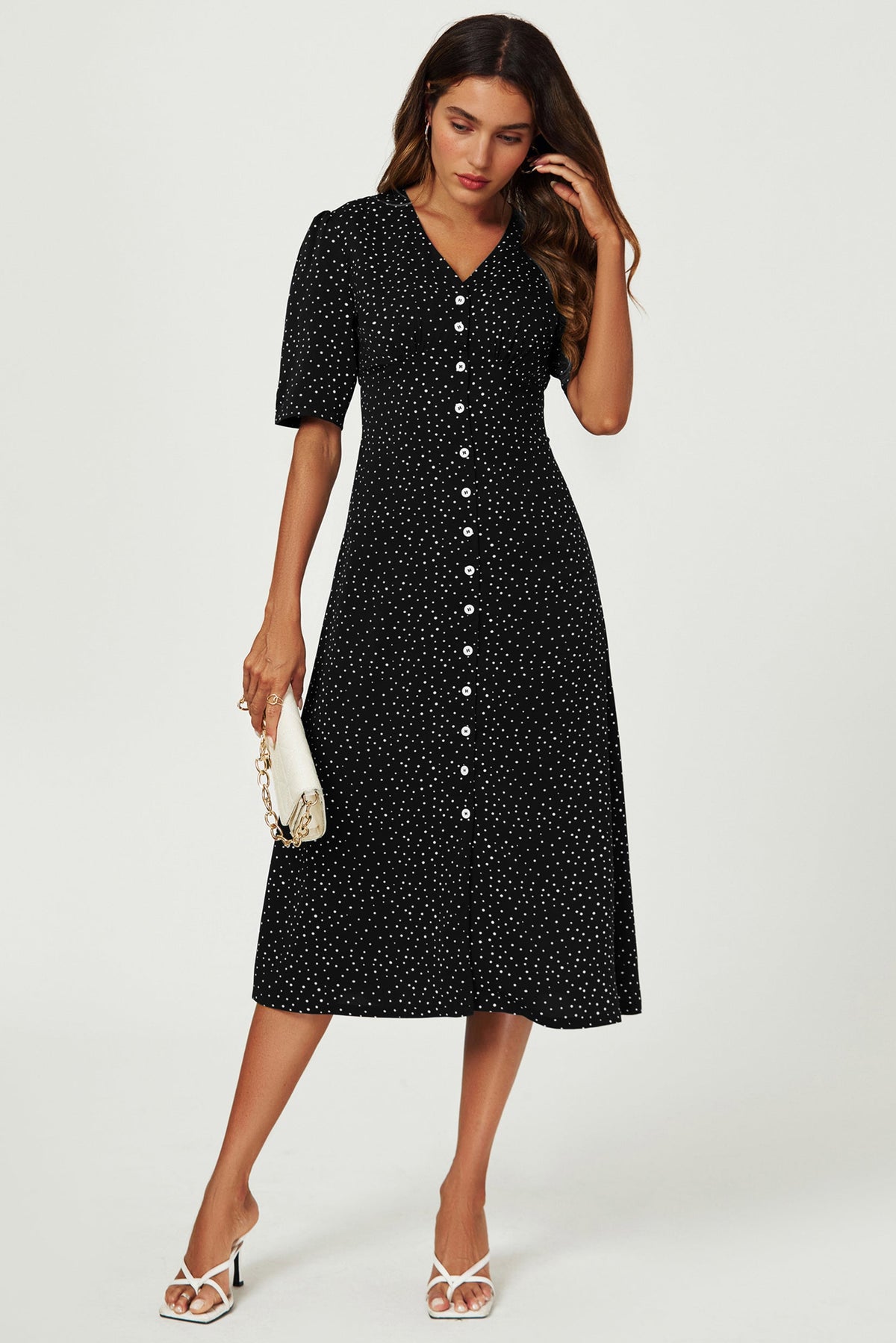 Dot Print Button Front Midi Dress In Black