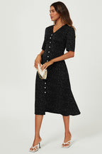 Dot Print Button Front Midi Dress In Black