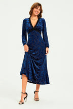 Floral Velvet Devore Lace Trim Neckline Midi Dress In Navy