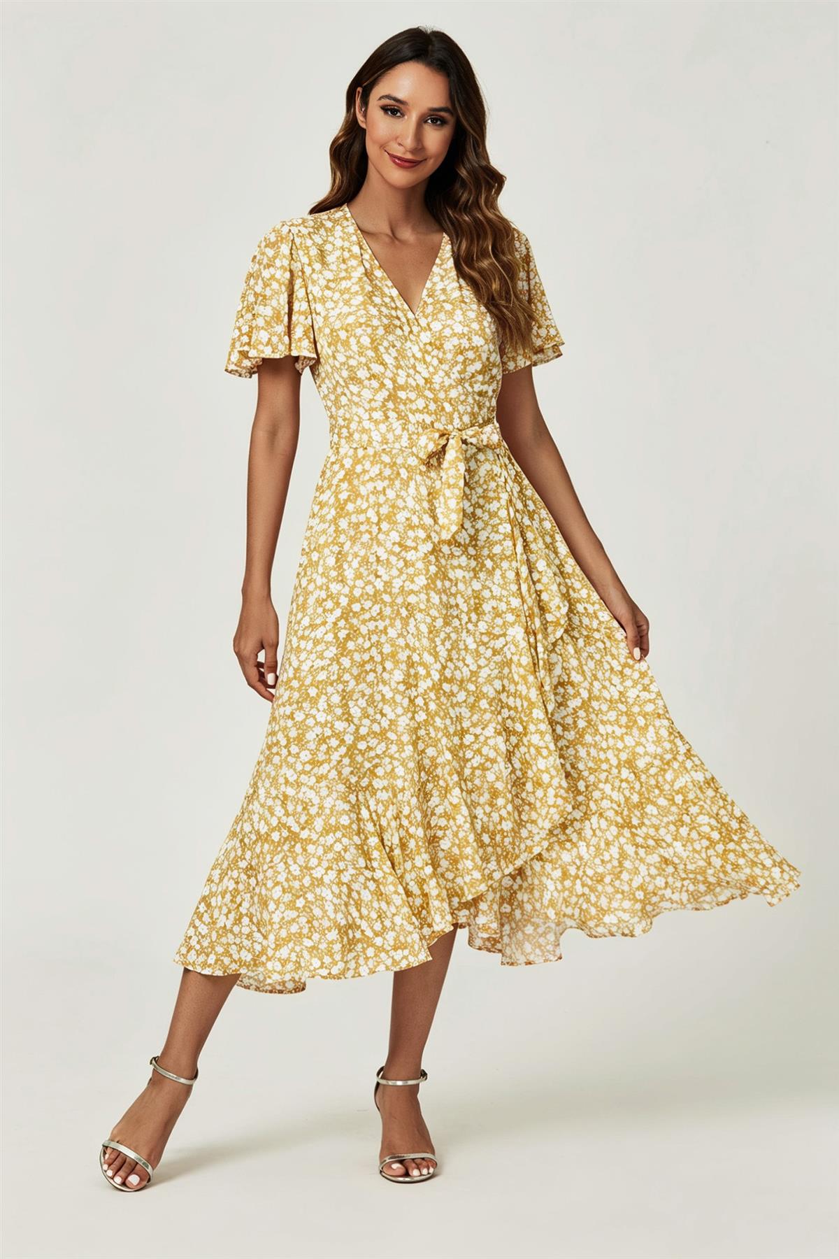 Floral Print Midi Wrap Dress In Yellow