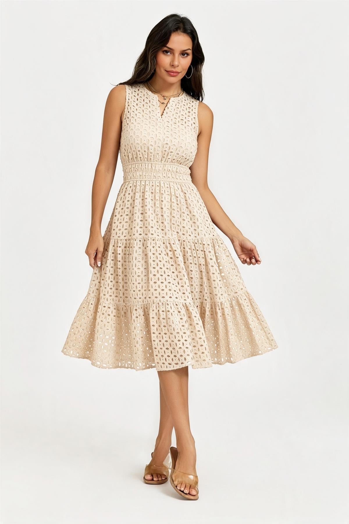 Sleeveless Broderie Anglaise Midi Dress In Off White