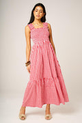 Check Print Hem Detail Maxi Dress In Red