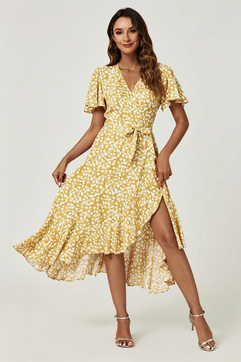Floral Print Midi Wrap Dress In Yellow