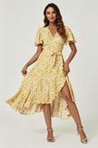 Floral Print Midi Wrap Dress In Yellow