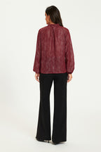 Gold Stripe Foil Long Sleeve Frill High Neck Top In Wine