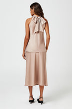 Satin Halter Neck Tie Back Top In Light Brown