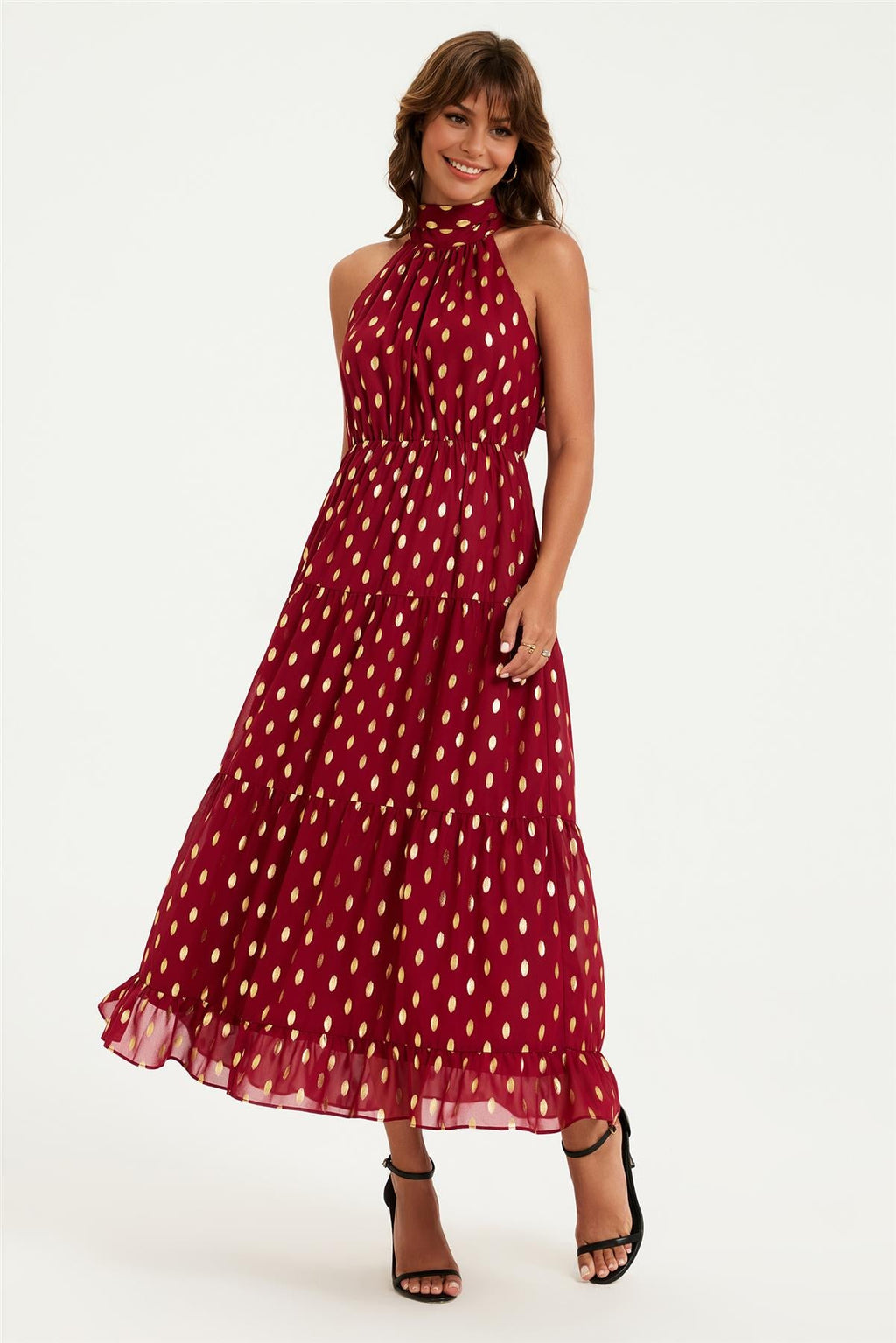 Gold Foil Halter Neck Tie Back Midi Dress In Wine