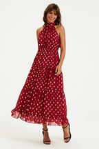 Gold Foil Halter Neck Tie Back Midi Dress In Wine
