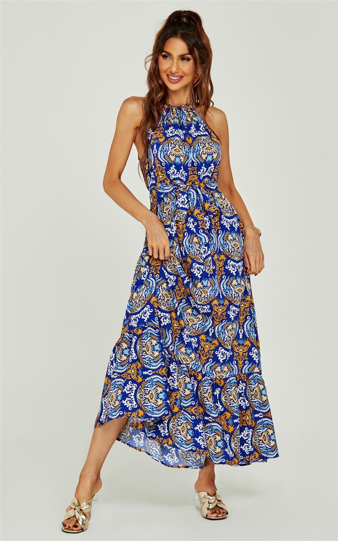 Rose Flora Print Halterneck Tiered Maxi Dress In Royal Blue