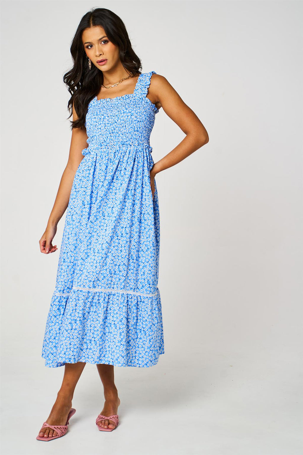 Little Floral Print Hem Detail Maxi Dress In Blue