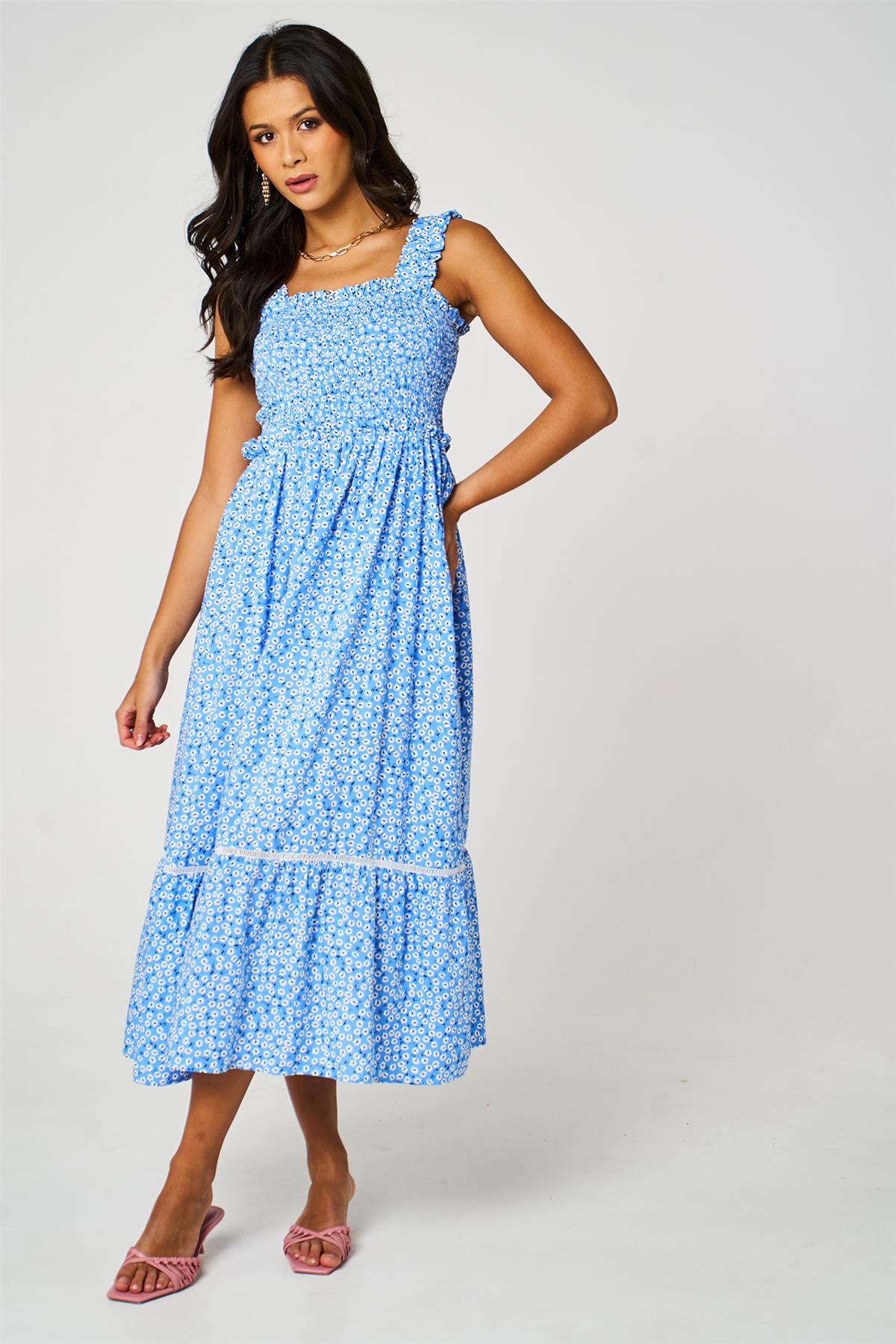 Little Floral Print Hem Detail Maxi Dress In Blue