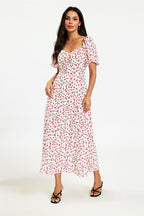 Floral Print Angel Sleeve Heart Neckline Midi Dress In White