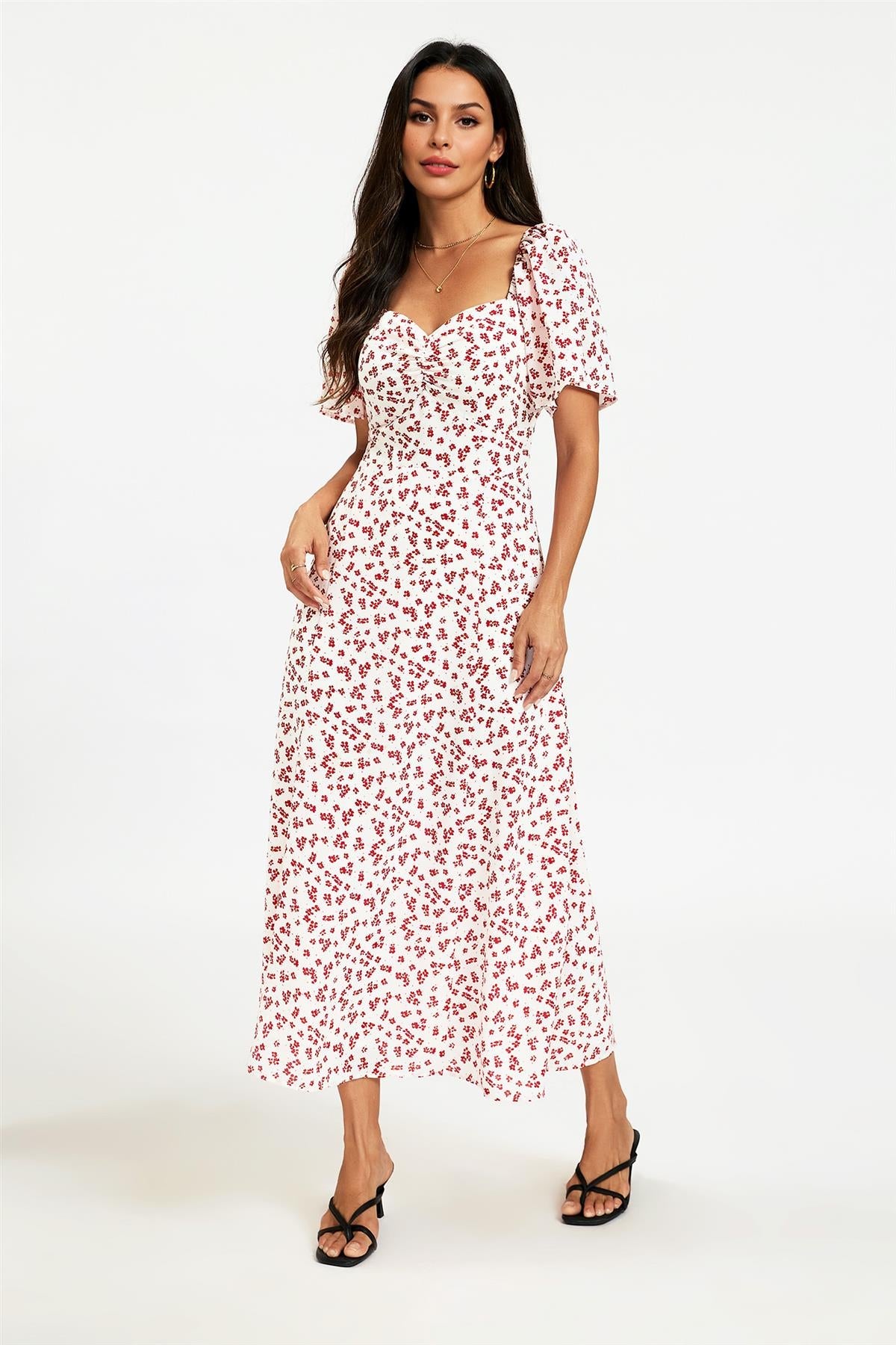 Floral Print Angel Sleeve Heart Neckline Midi Dress In White