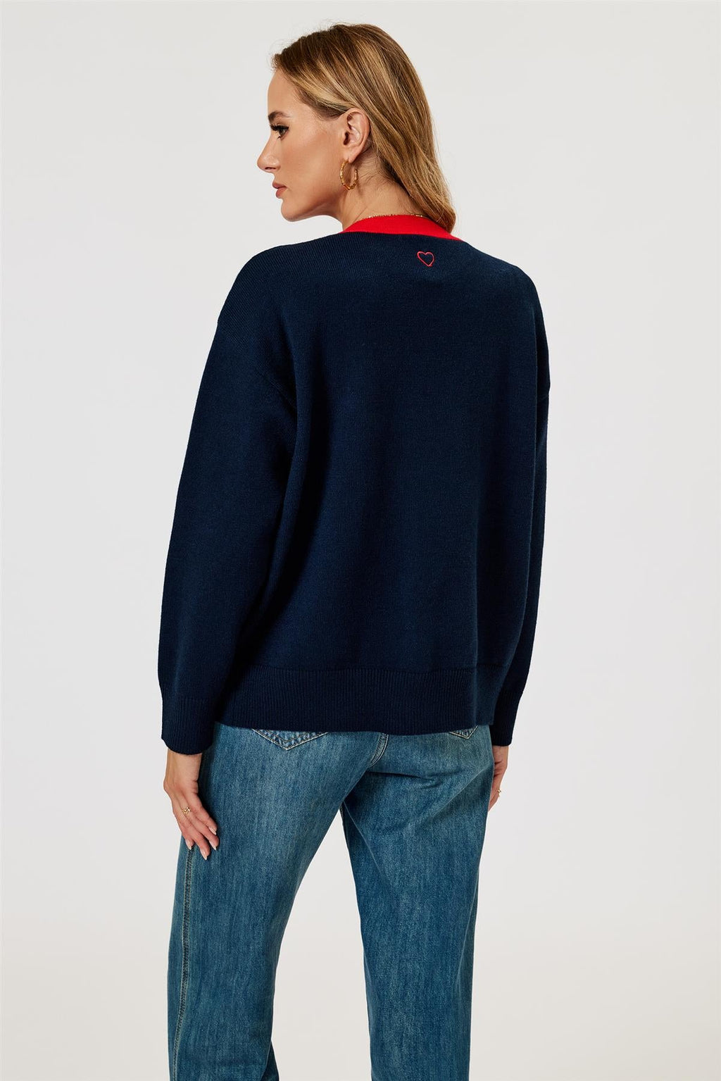 Little Heart Embroidery Stripe Trim Cardigan Top In Navy & Red