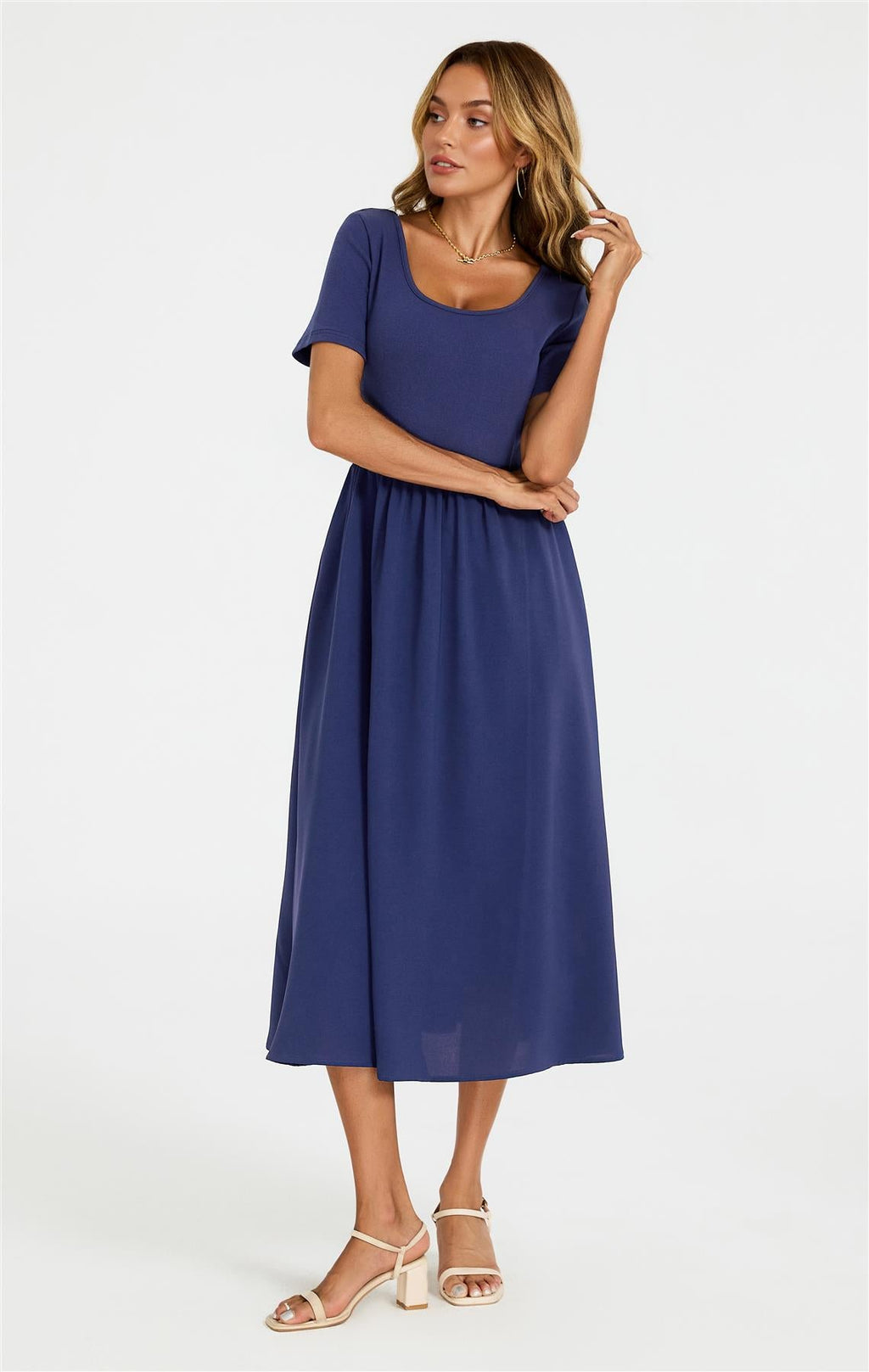 Short Sleeve Jersey Bodice Midi Dress with Pockets In Navy