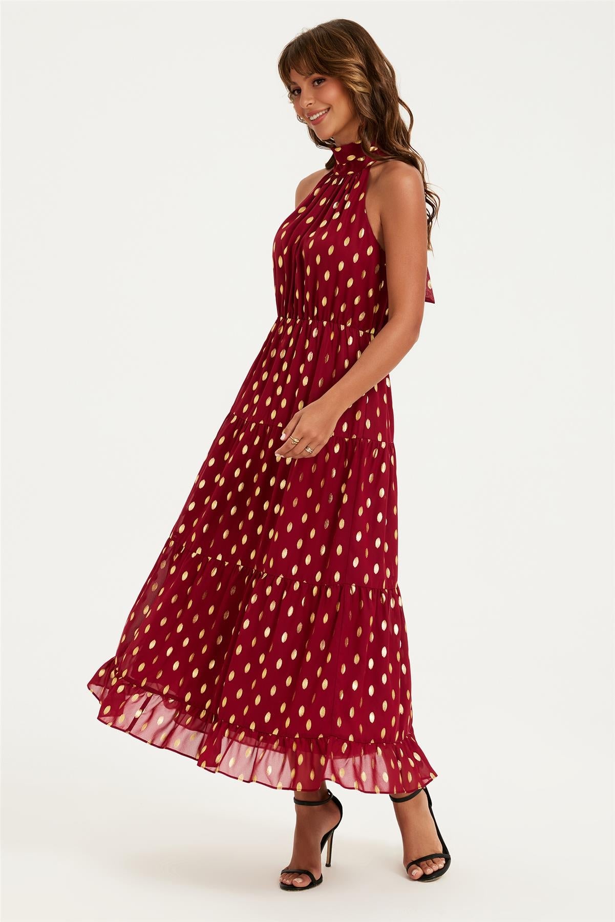 Gold Foil Halter Neck Tie Back Midi Dress In Wine