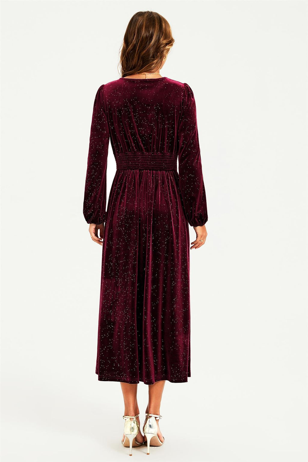 Silver Foil Velvet Lace Trim Neckline Midi Dress In Wine