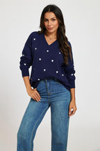 Embroidery White Heart V Neck Jumper In Navy