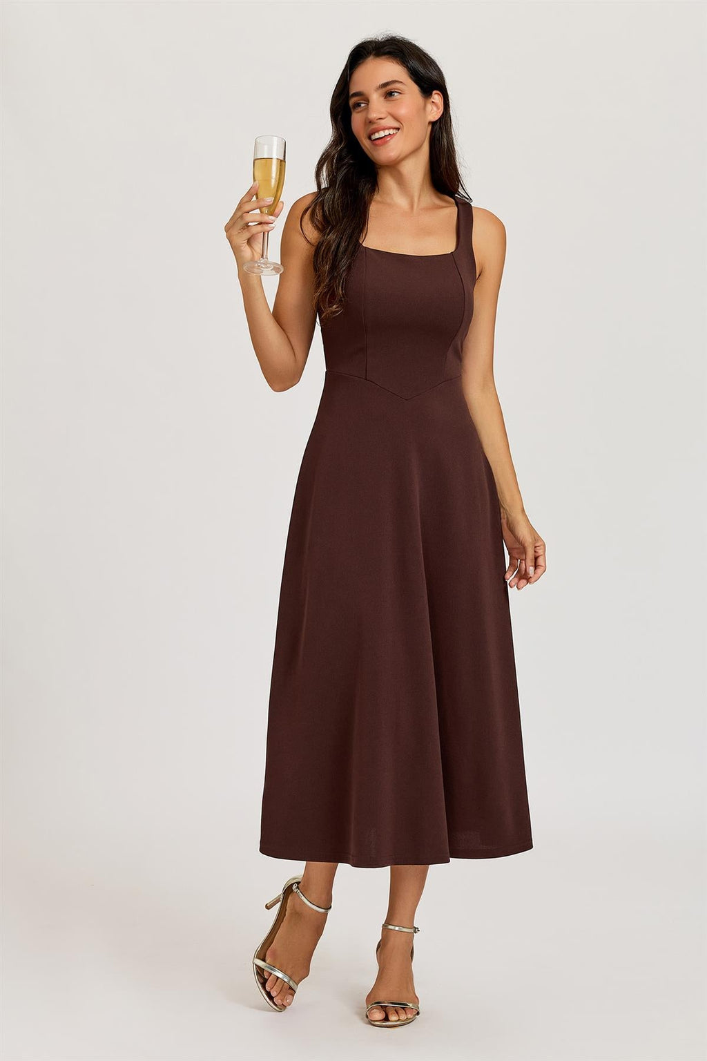 Square Neck Sleeveless Fit & Flare Midi Dress In Espresso