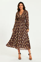 Gold Foil Long Sleeve Maxi Dress In Brown
