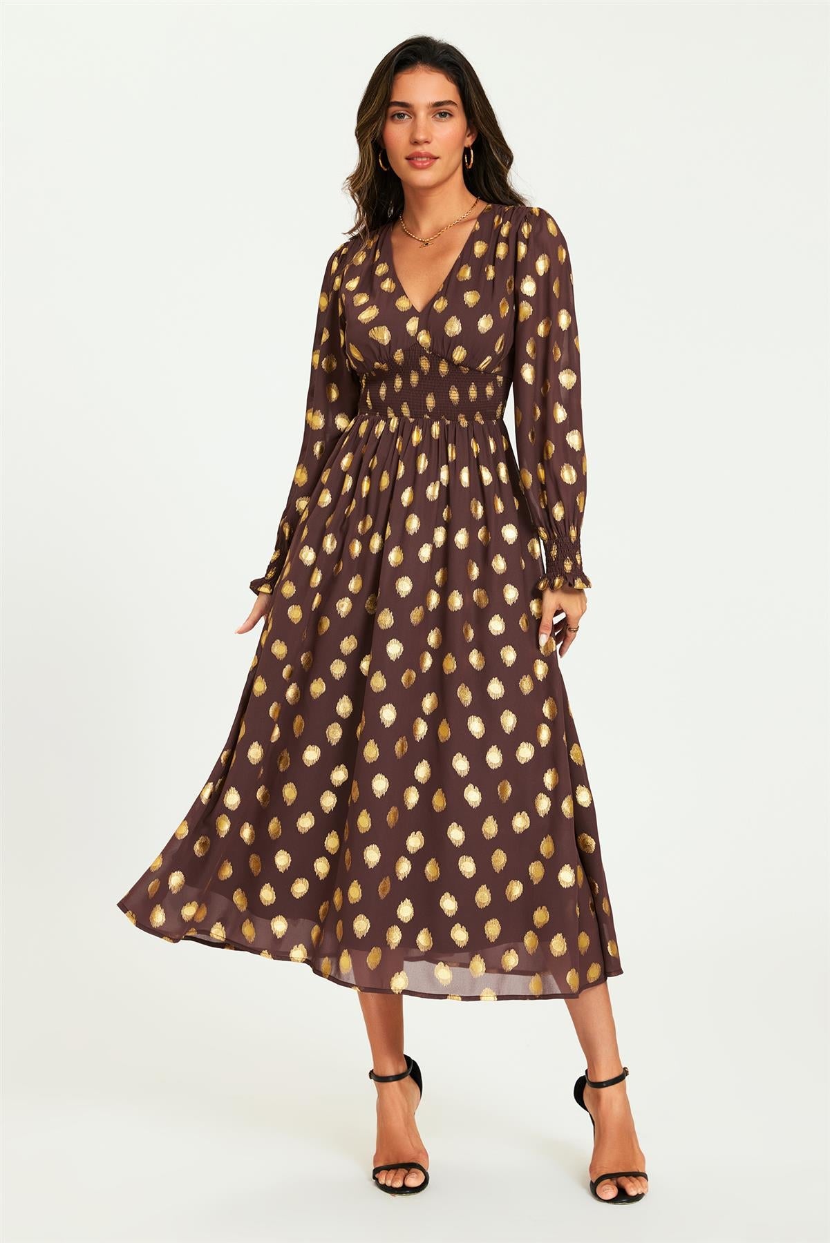 Gold Foil Long Sleeve Maxi Dress In Brown