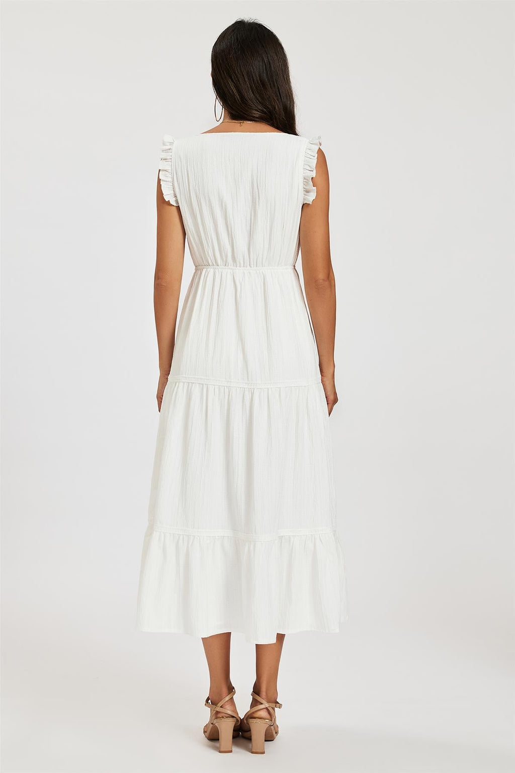 Frill Sleeve Lace Detail Midi Dress In White