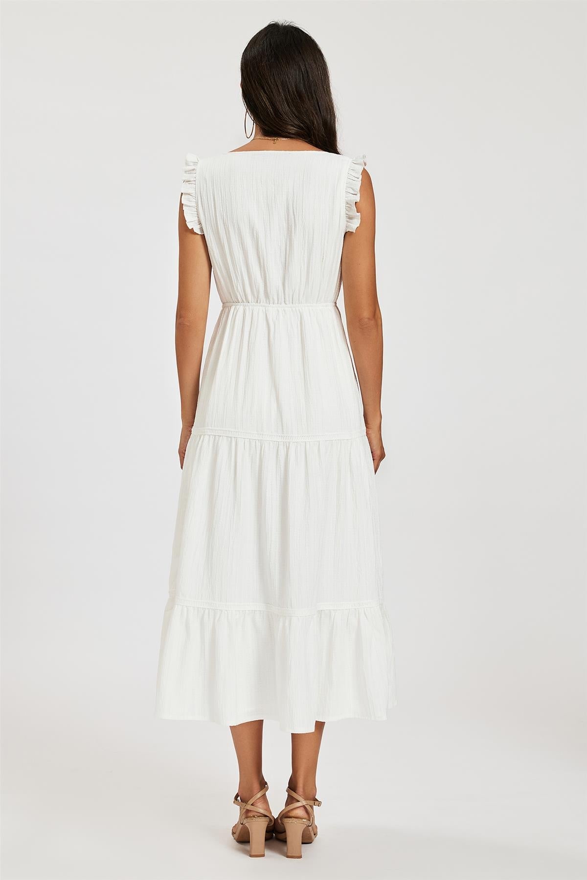 Frill Sleeve Lace Detail Midi Dress In White