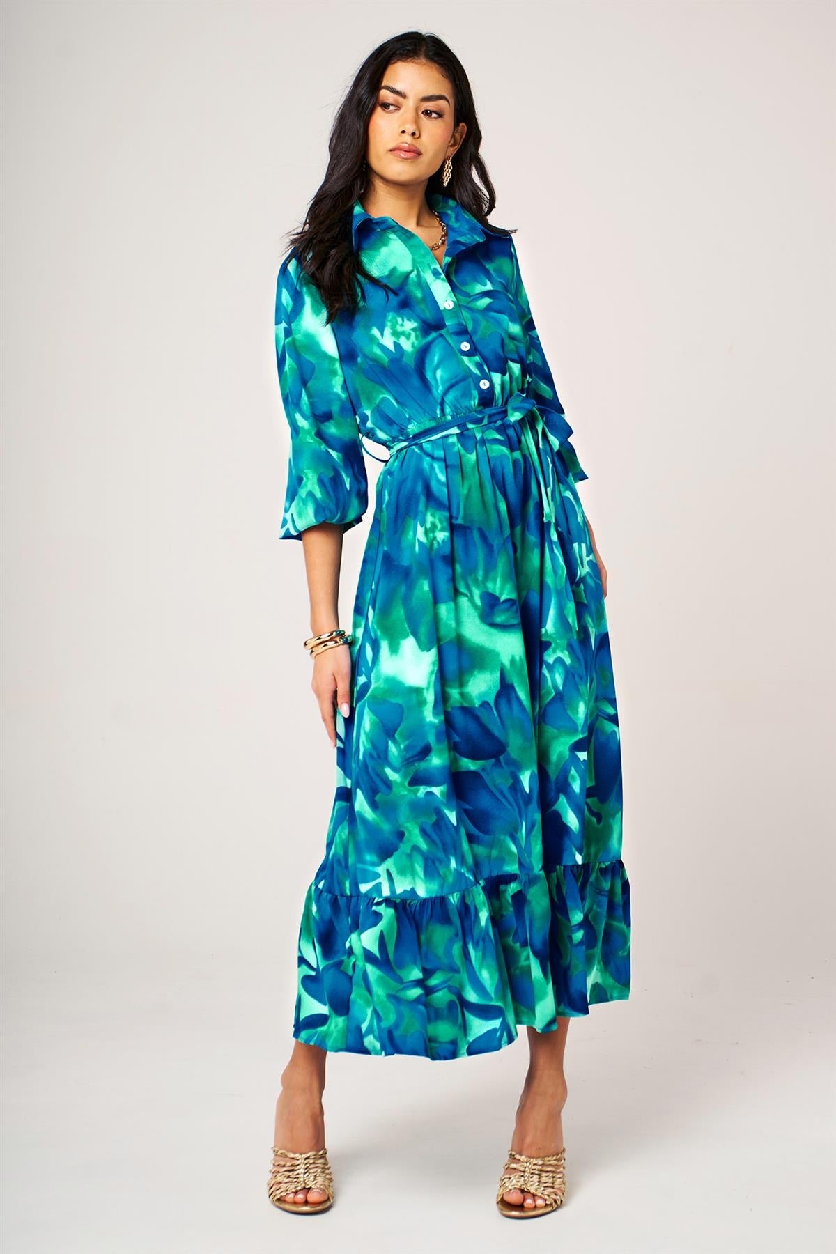 Abstract Floral Print Hem Detail Shirt Midi Dress With Tie Waist In Blue