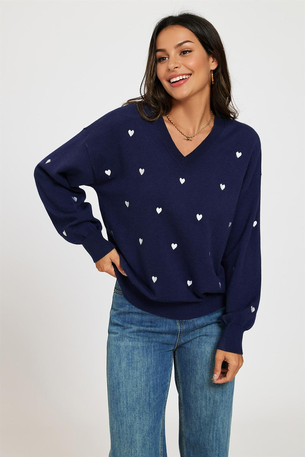 Embroidery White Heart V Neck Jumper In Navy