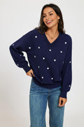 Embroidery White Heart V Neck Jumper In Navy