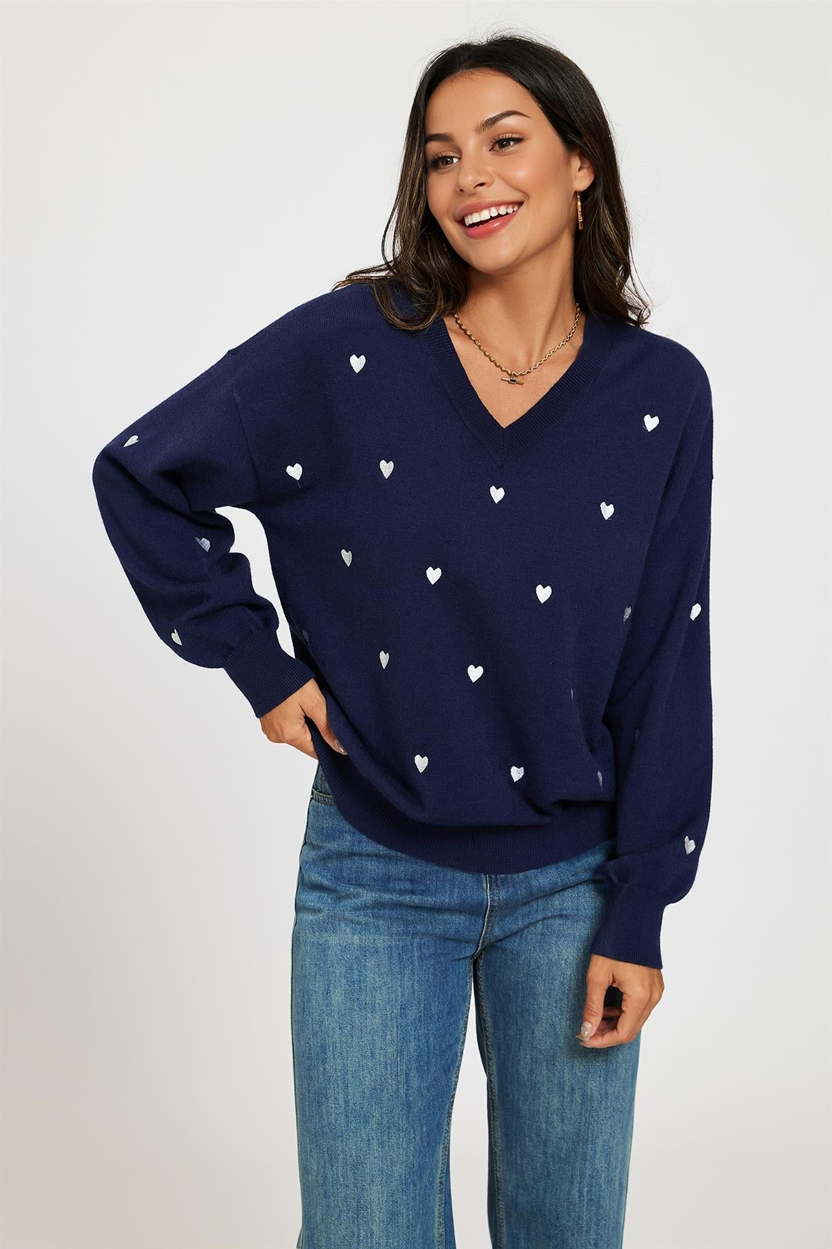 Embroidery White Heart V Neck Jumper In Navy
