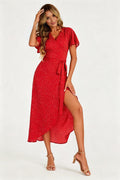 Polka Dot Print Wrap Dress In Red