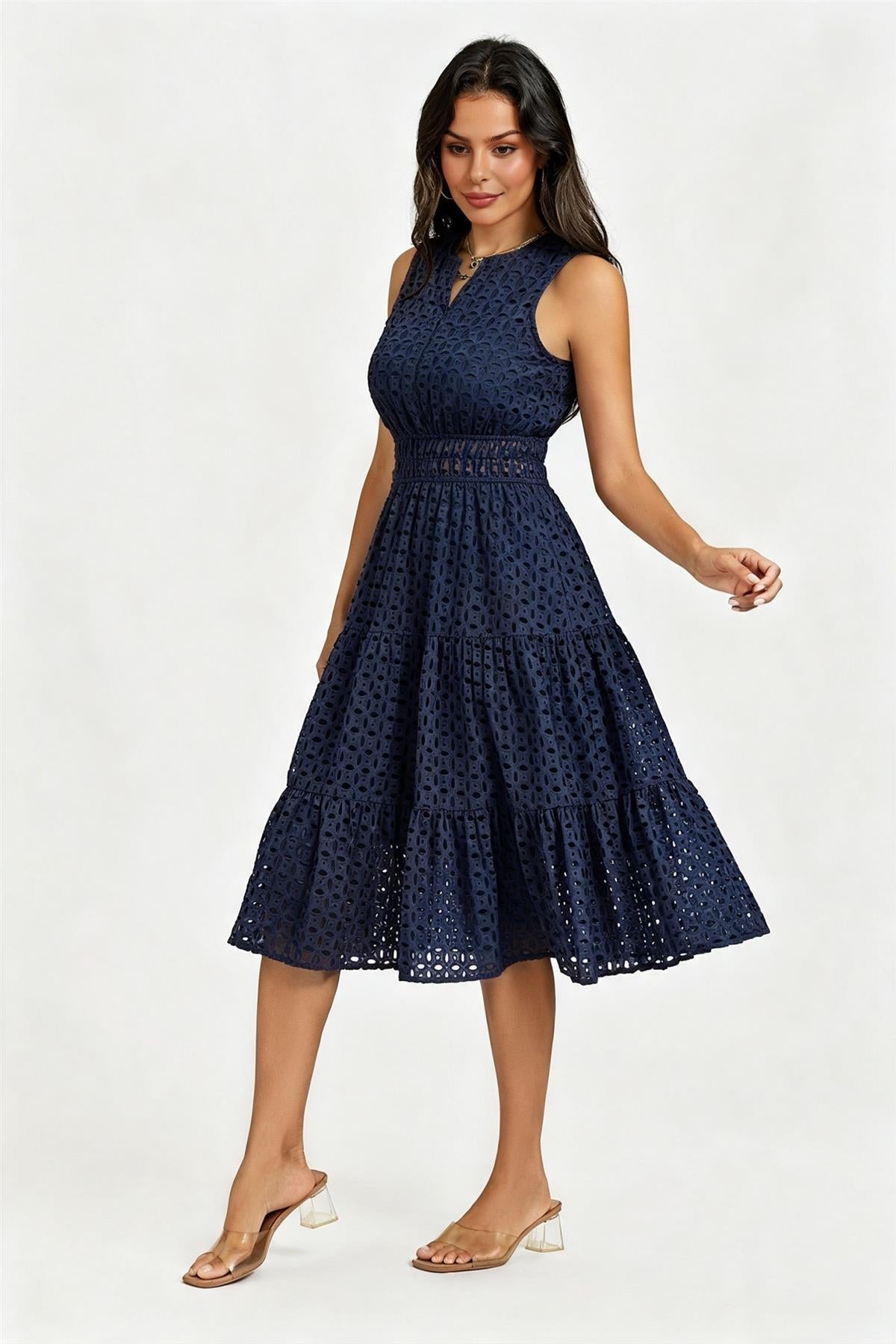 Sleeveless Broderie Anglaise Midi Dress In Navy