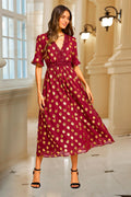 Gold Foil Long Sleeve Lace Trim V Neck Maxi Dress In Wine