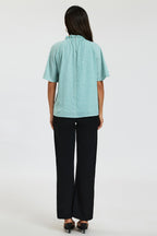 Dot Print Short Sleeve Frill High Neck Top In Blue