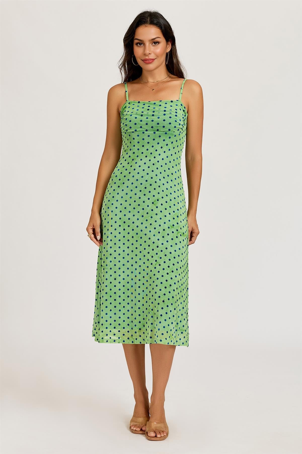 Mottled Effect Devore Polka Dot Mesh Cami Midi Dress In Green