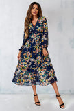 Robe longue à manches longues imprimé floral bleu marine