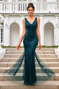 Sequin Leaf Detailed V Neck Bridesmaid Maxi Dress In Teal
