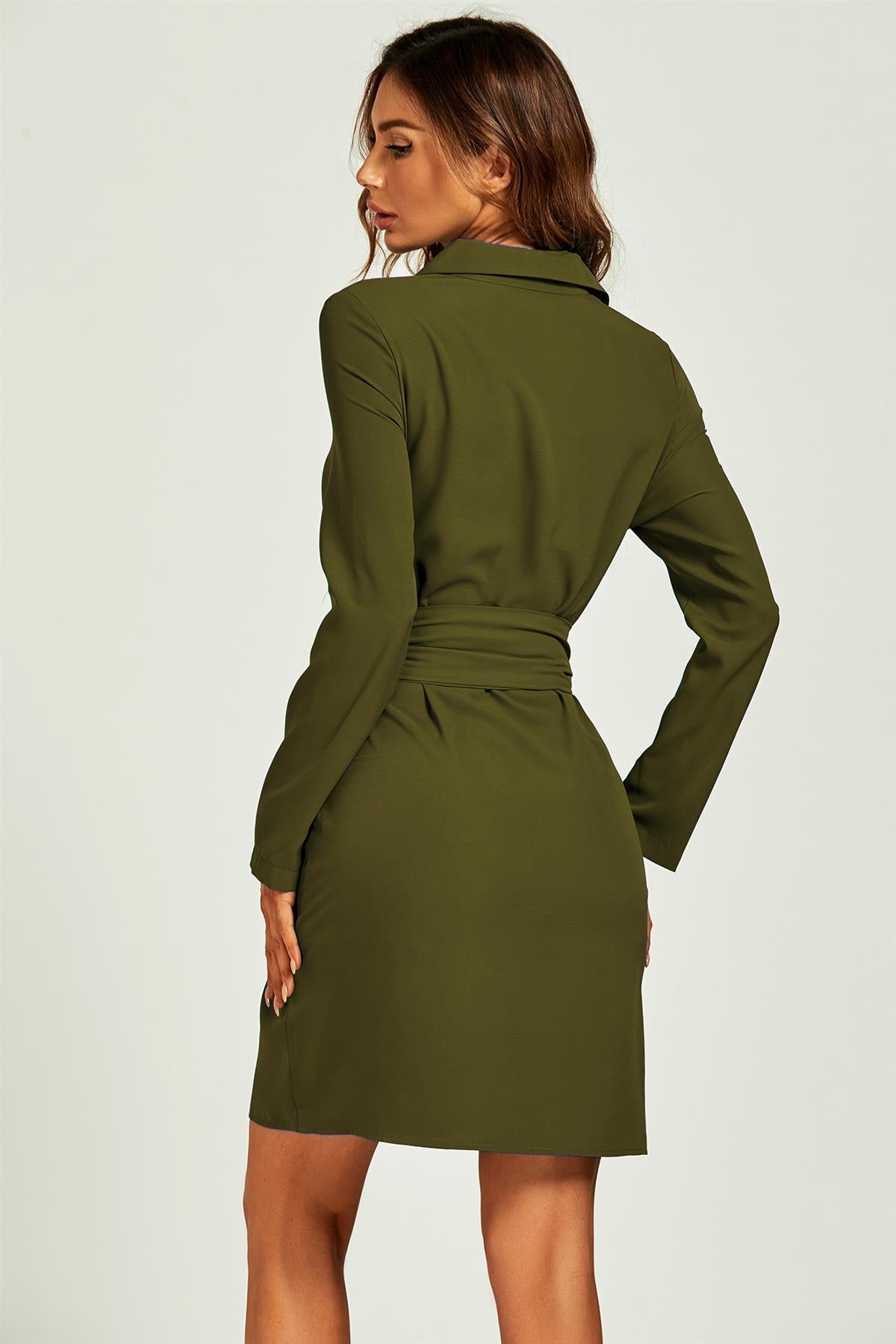 Shirt Wrap Tie Mini Dress In Olive