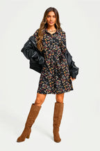 Leaf Print Tie Front Mini Shirt Dress In Black