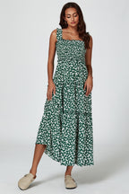 Floral Print Hem Detail Tiered Maxi Dress In Green