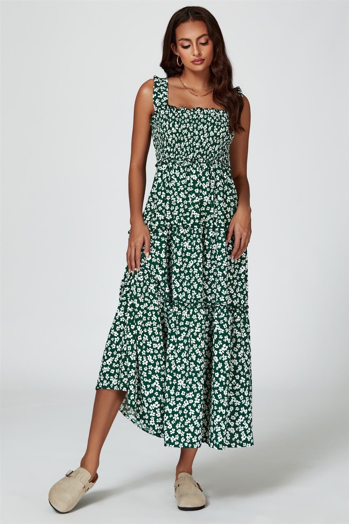 Floral Print Hem Detail Tiered Maxi Dress In Green